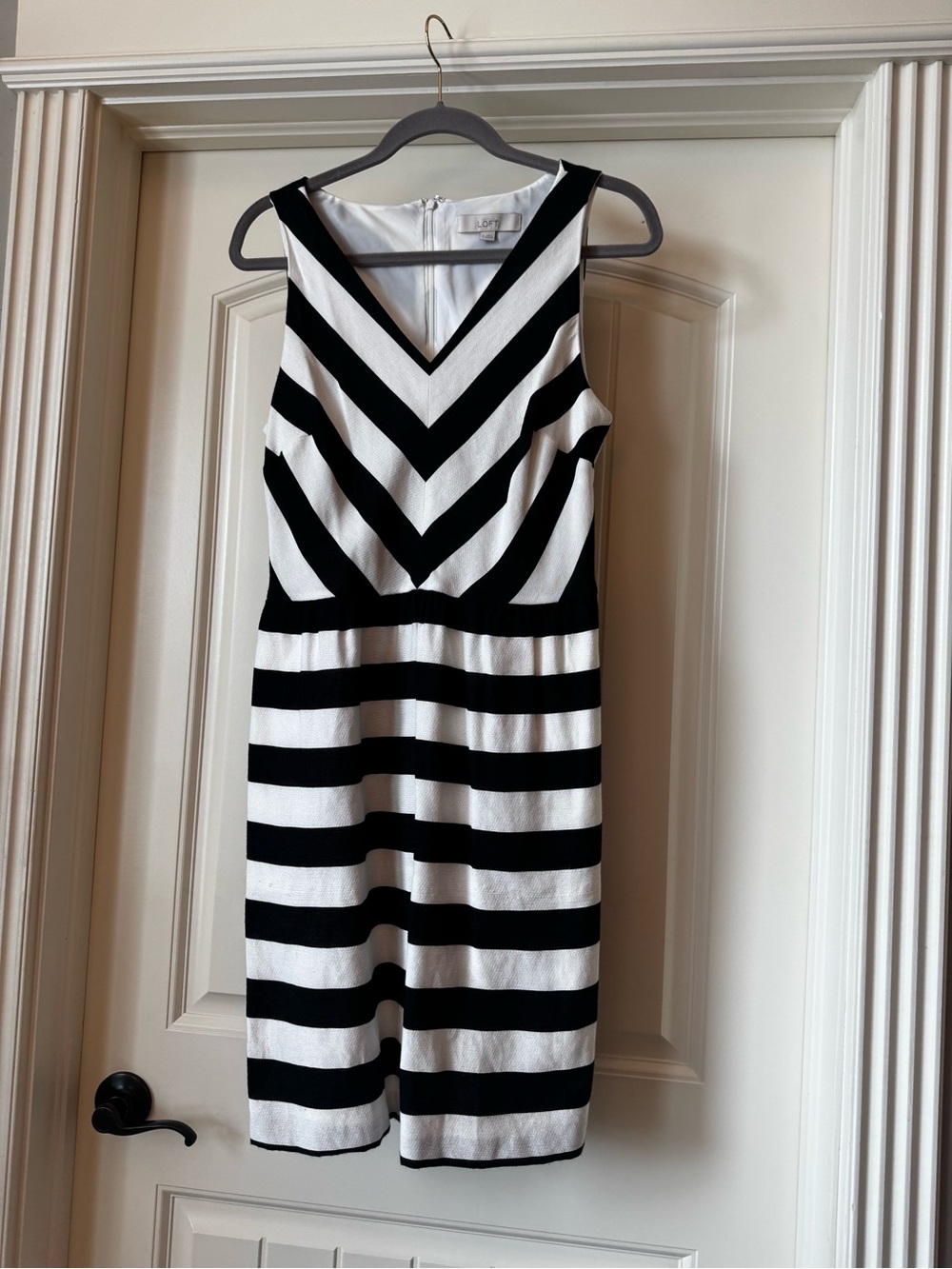 LOFT Black and White Striped V-Neck Midi Dress